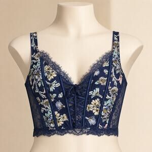 Victoria’s Secret Dream Angels Navy Floral Lace Mesh Corset Bralette Top XS NWT